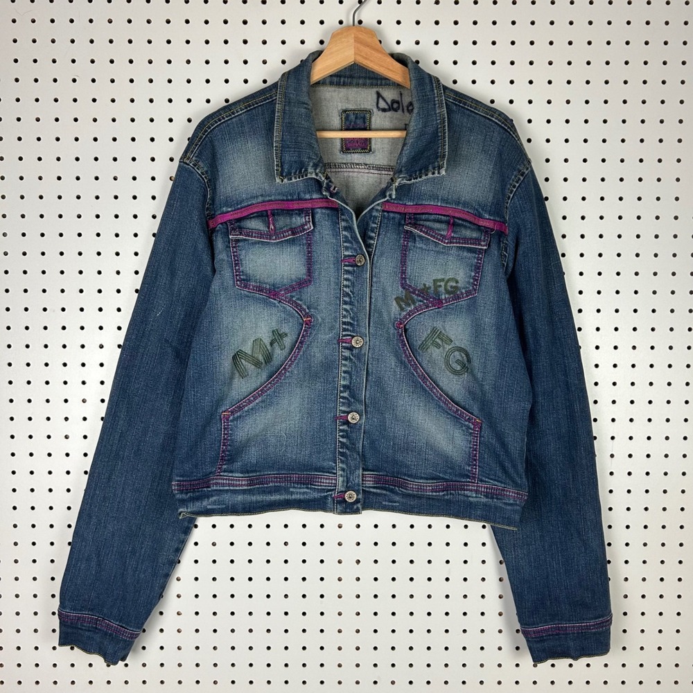 Marithe Francois Girbaud Denim Jacket Large Blue Pink Cropped READ Stitch Y2K